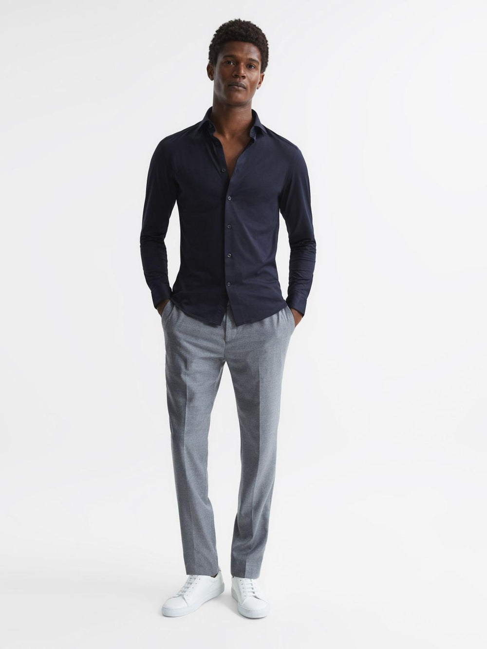 Reiss Shirts | Nate Cutaway Collar Jersey Slim Fit Shirt Grey Melange - Men