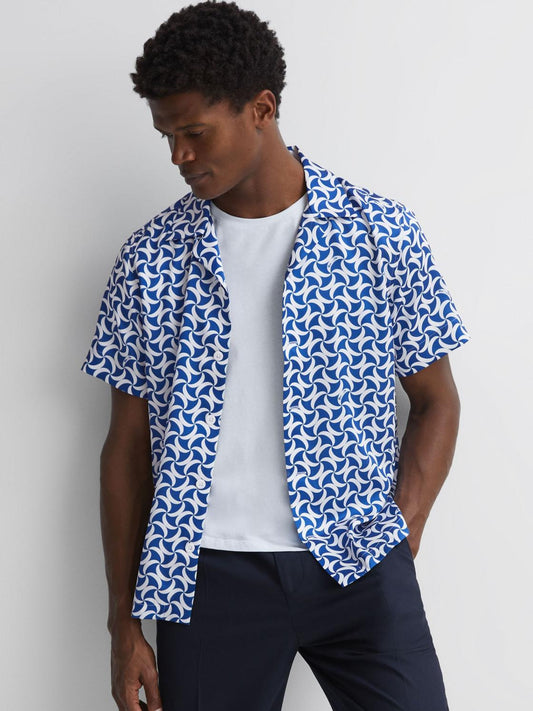 Reiss Shirts | Raith Reiss | Ché Printed Cuban Collar Button-Through Shirt Bright Blue/white - Men