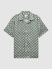 Reiss Shirts | Raith Reiss | Ché Printed Cuban Collar Button-Through Shirt Green/white - Men
