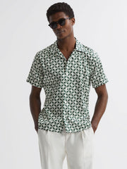 Reiss Shirts | Raith Reiss | Ché Printed Cuban Collar Button-Through Shirt Green/white - Men