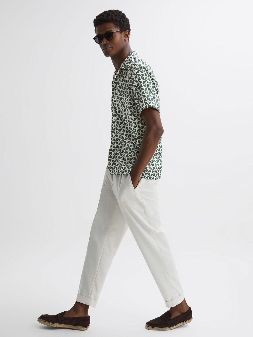 Reiss Shirts | Raith Reiss | Ché Printed Cuban Collar Button-Through Shirt Green/white - Men