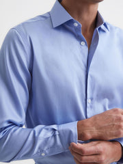 Reiss Shirts | Remote Cotton-Satin Long Sleeve Shirt Mid Blue - Men