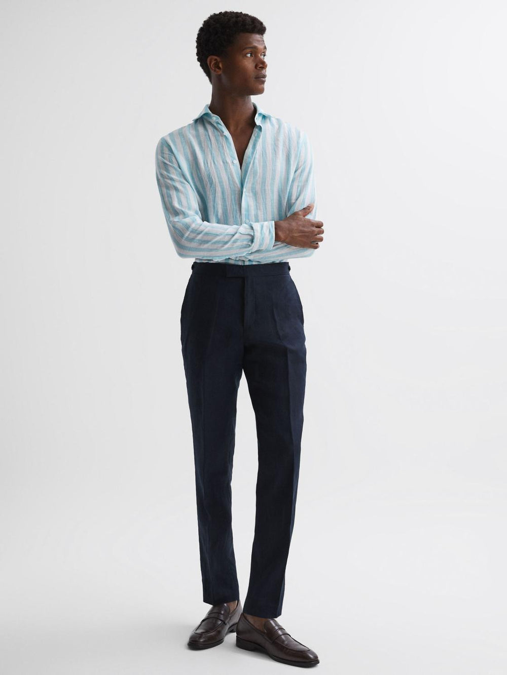 Reiss Shirts | Ruban Linen Regular Fit Shirt Aquamarine Stripe - Men