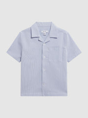 Reiss Shirts | Saka Cuban Collar Striped Short Sleeve Shirt Navy Stripe - Children