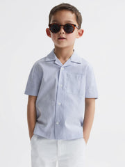 Reiss Shirts | Saka Cuban Collar Striped Short Sleeve Shirt Navy Stripe - Children