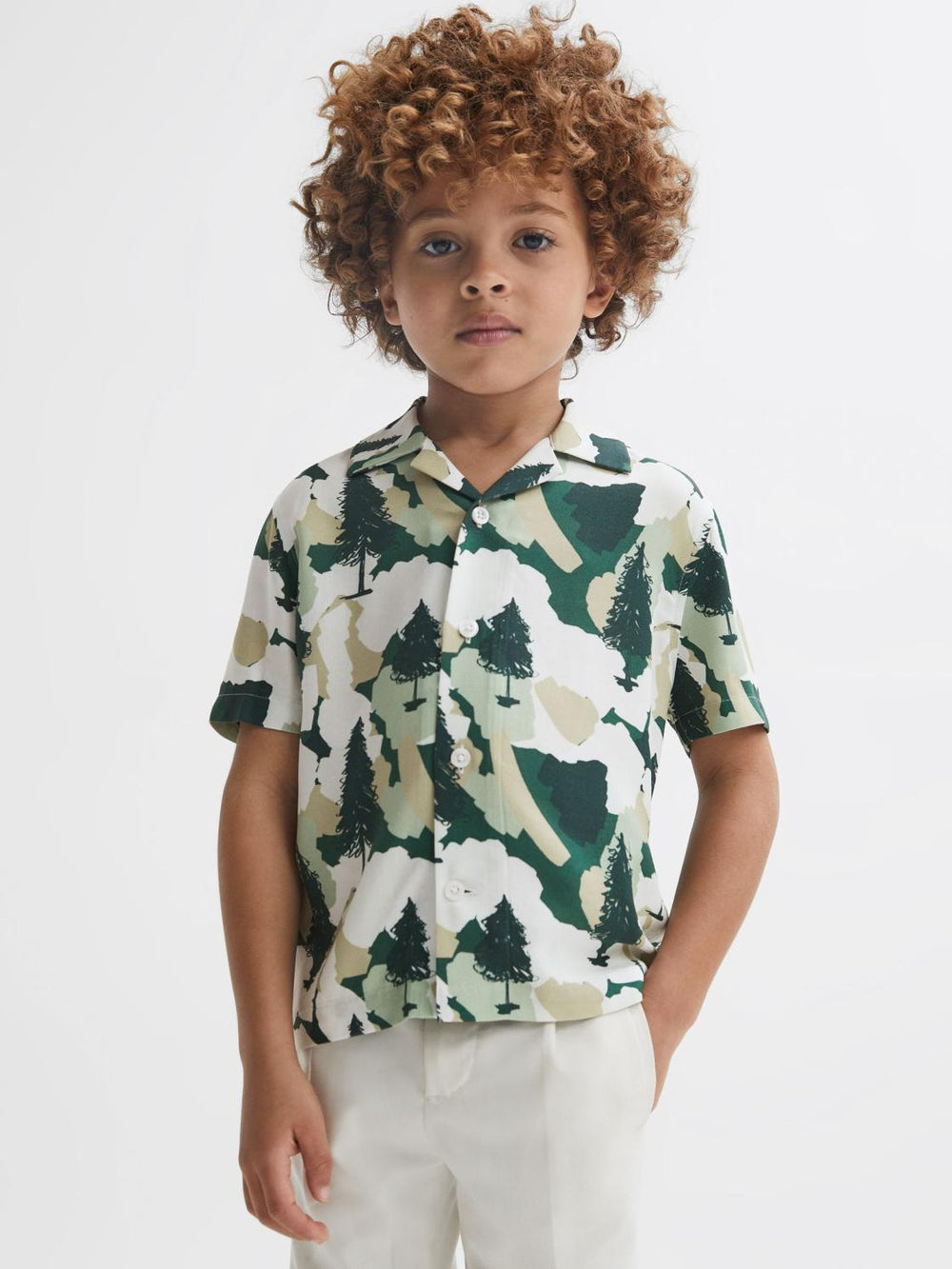 Reiss Shirts | Saxon Cuban Collar Short Sleeve Shirt Green - Children
