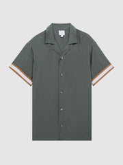 Reiss Shirts | Valbonne Reiss | Ché Contrast Cuff Cuban Collar Shirt Deep Forest/tobacco - Men