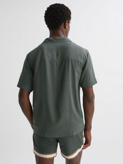 Reiss Shirts | Valbonne Reiss | Ché Contrast Cuff Cuban Collar Shirt Deep Forest/tobacco - Men