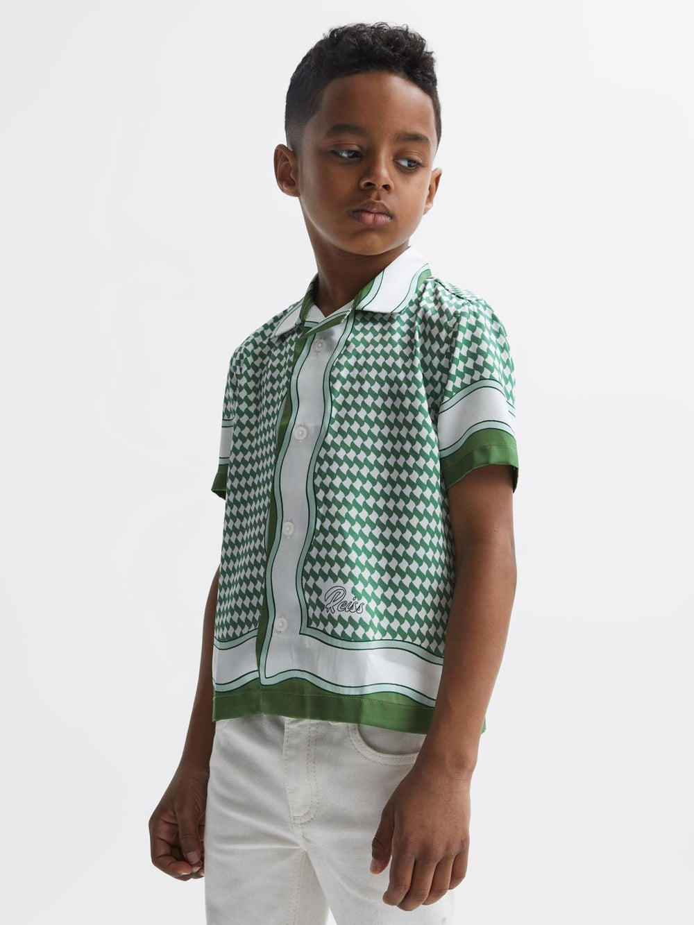 Reiss Shirts | Vanpelt Printed Cuban Collar Short Sleeve Shirt Green - Children