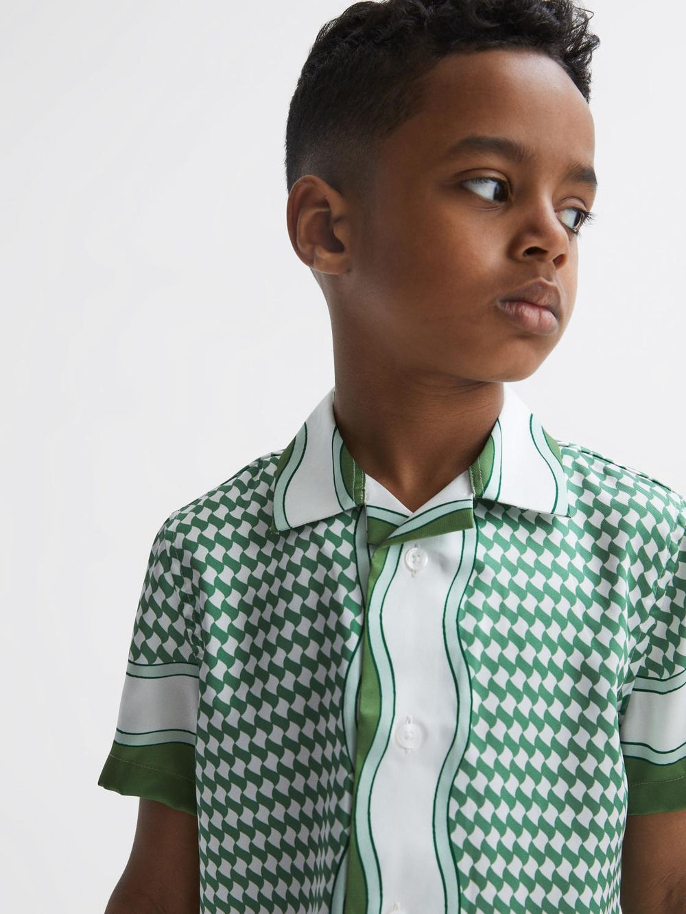 Reiss Shirts | Vanpelt Printed Cuban Collar Short Sleeve Shirt Green - Children
