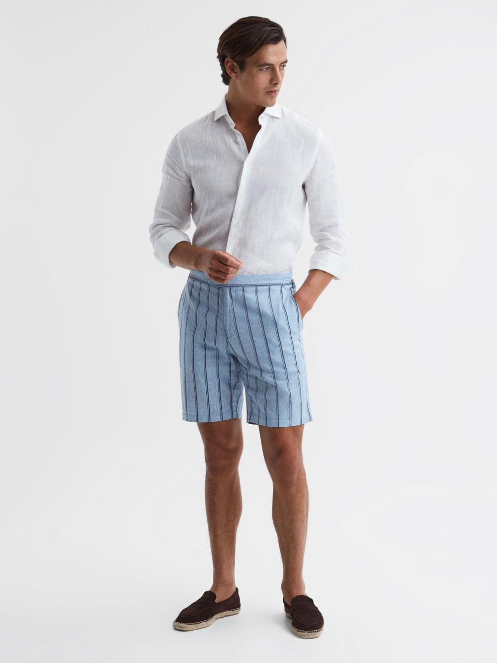 Reiss Shorts | Amalfi Cotton-Linen Striped Shorts Soft Blue - Men