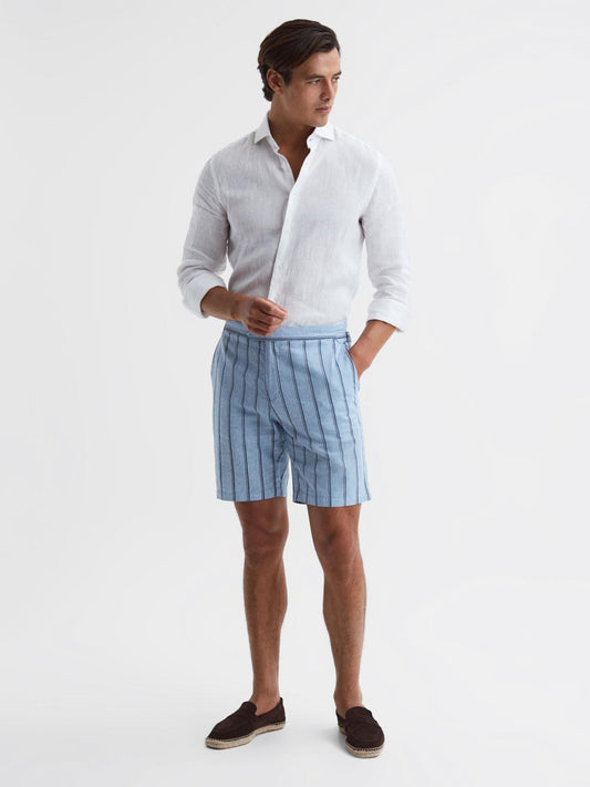 Reiss Shorts | Amalfi Cotton-Linen Striped Shorts Soft Blue - Men
