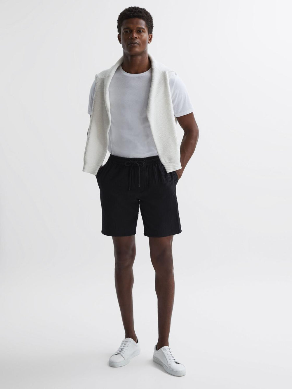 Reiss Shorts | Bodhi Paige Cotton Textured Drawstring Shorts Black - Men