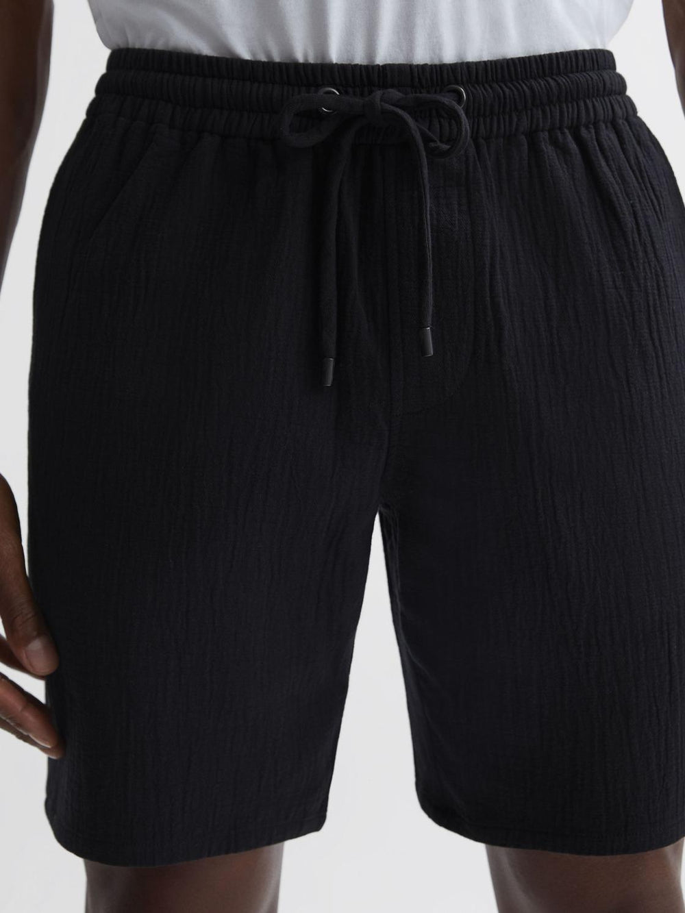 Reiss Shorts | Bodhi Paige Cotton Textured Drawstring Shorts Black - Men
