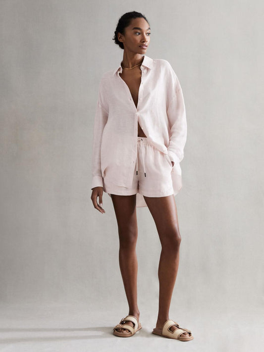 Reiss Shorts | Cleo Linen High Rise Drawstring Shorts Soft Pink - Women