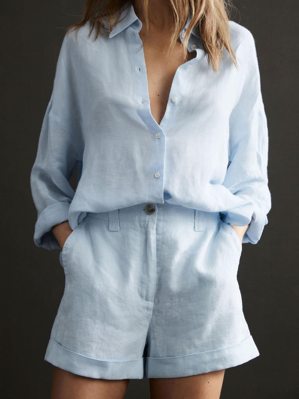 Reiss Shorts | Demi Linen High Rise Garment Dyed Shorts Ice Blue - Women