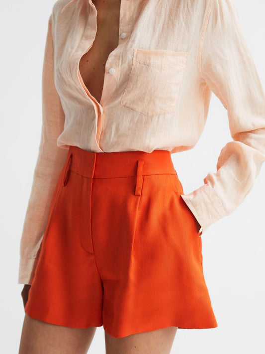 Reiss Shorts | Hollie Linen Pleat Front Shorts Orange - Women