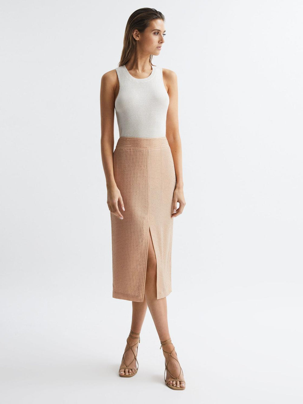 Reiss Skirts | Brooklyn Embellished High Rise Midi Skirt Nude - Women