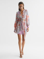 Reiss Skirts | Elle Floral Print High Rise Mini Skirt Coral/white - Women