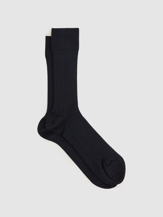 Reiss Socks & Underwear | Feli Ribbed Mercerised Cotton Blend Socks Navy - Men