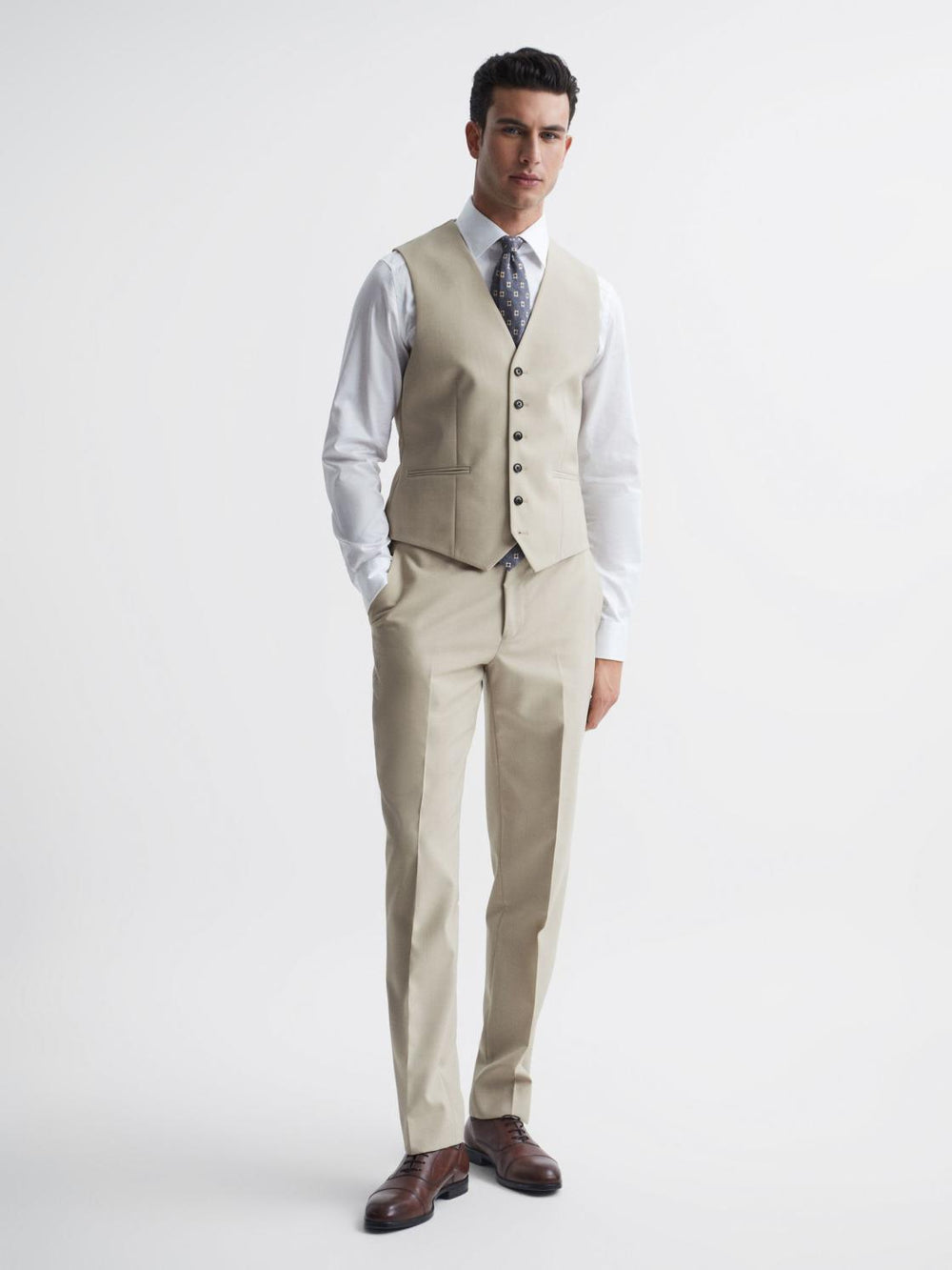 Reiss Suits & Tailoring | Fine Slim Fit Six Button Wool Waistcoat Stone - Men