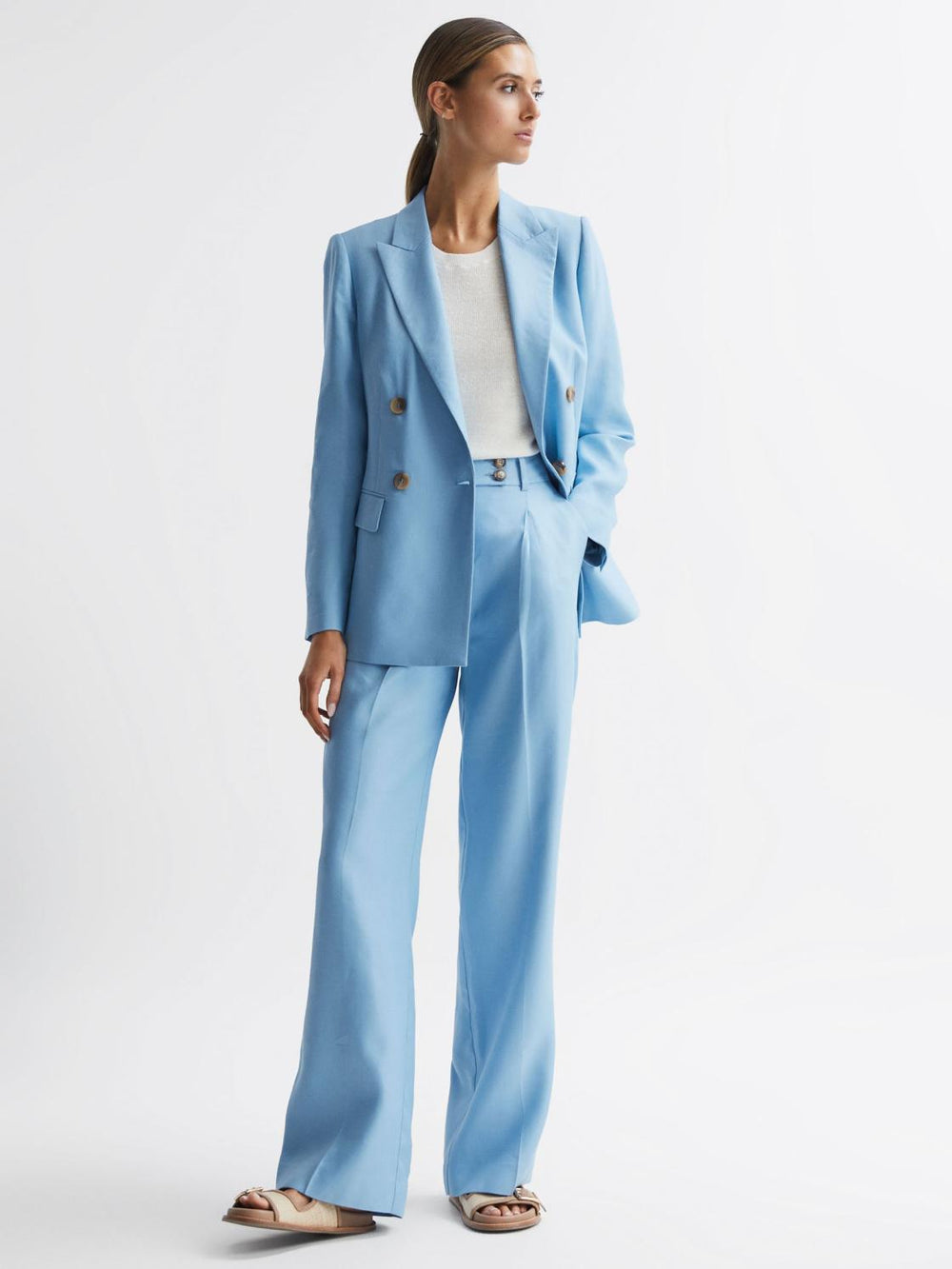Reiss Suits & Tailoring | Hollie Double Breasted Linen Blazer Blue - Women