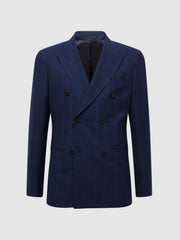Reiss Suits & Tailoring | Royce Slim Fit Wool Double Breasted Check Blazer Navy - Men