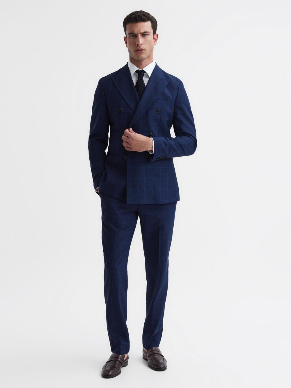 Reiss Suits & Tailoring | Royce Slim Fit Wool Double Breasted Check Blazer Navy - Men