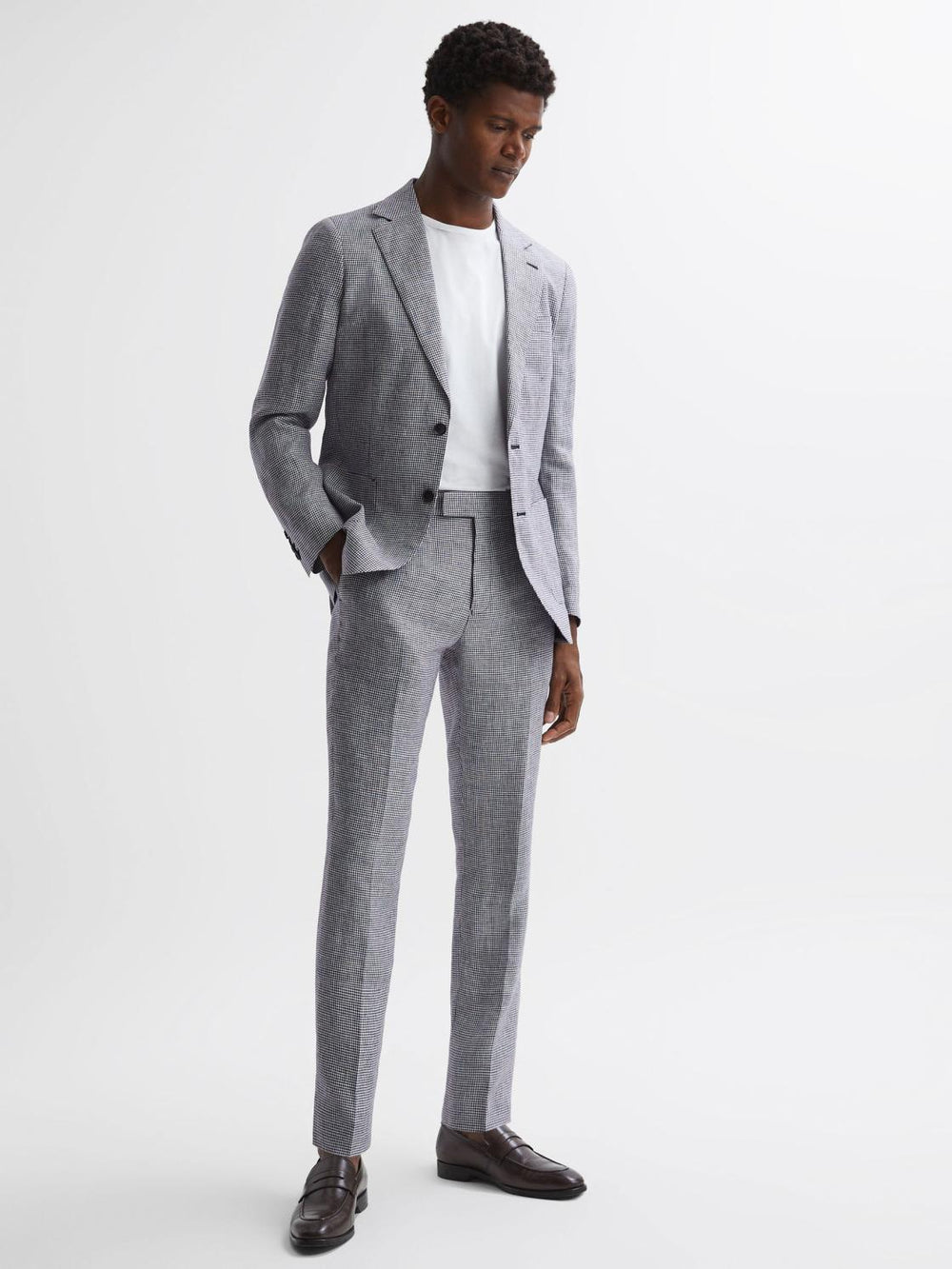 Reiss Suits & Tailoring | Squad Linen Single Breasted Dogtooth Blazer Navy - Men