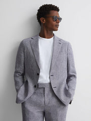 Reiss Suits & Tailoring | Squad Linen Single Breasted Dogtooth Blazer Navy - Men