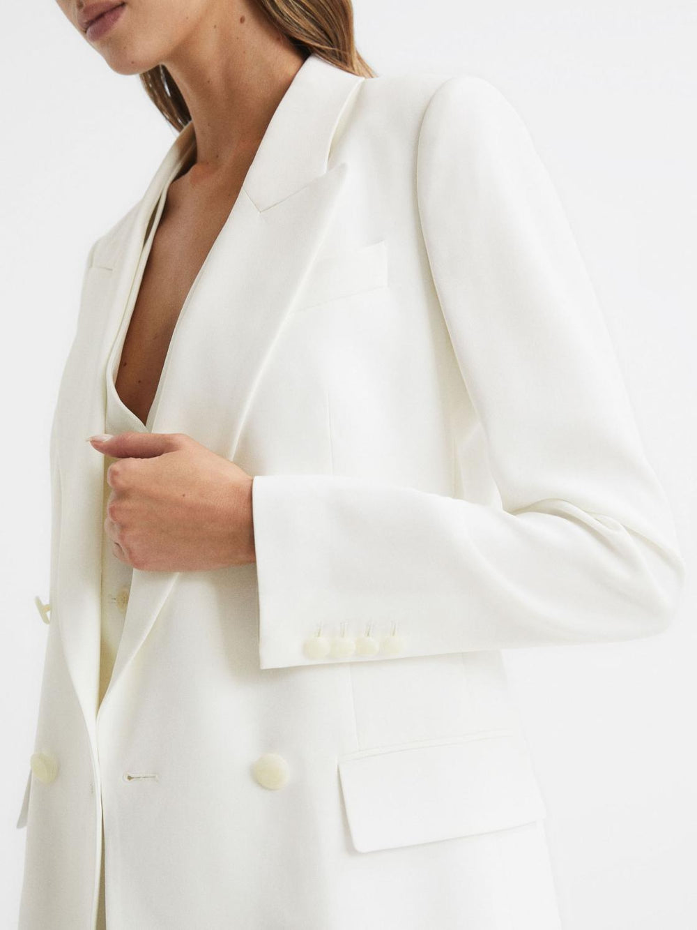 Reiss Suits & Tailoring | Tatum Crepe Double Breasted Blazer White - Women