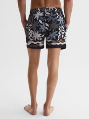 Reiss Swimwear | Arizona Floral Print Drawstring Swim Shorts Black Multi - Men