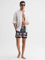 Reiss Swimwear | Arizona Floral Print Drawstring Swim Shorts Black Multi - Men