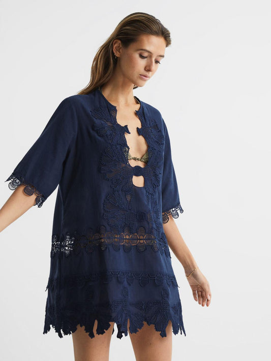 Reiss Swimwear | Etta Embroidered Kaftan Blue - Women