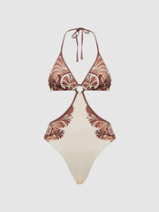 Reiss Swimwear | Natalie Printed Cut-Out Halter Neck Swimsuit Tan - Women