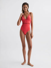 Reiss Swimwear | Ray Colourblock Halter Swimsuit Coral - Women