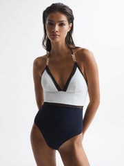 Reiss Swimwear | Ray Colourblock Halter Swimsuit Navy - Women
