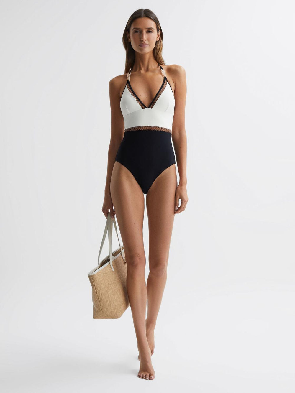 Reiss Swimwear | Ray Colourblock Halter Swimsuit White/tan - Women