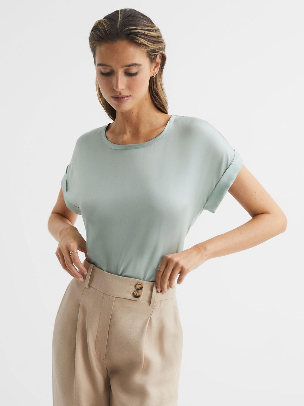 Reiss T-Shirts & Vests | Helen Silk Front Crew Neck T-Shirt Mint - Women