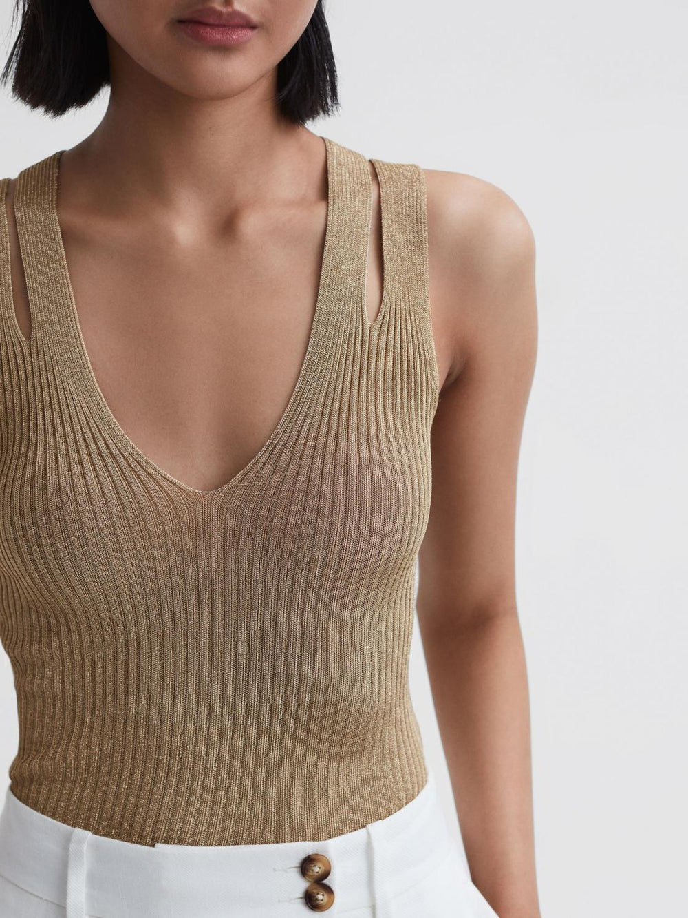 Reiss T-Shirts & Vests | Zina Ribbed Double Strap Metallic Vest Gold - Women