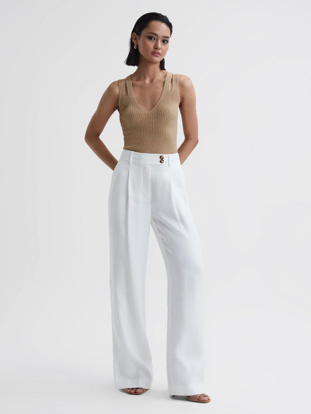 Reiss T-Shirts & Vests | Zina Ribbed Double Strap Metallic Vest Gold - Women