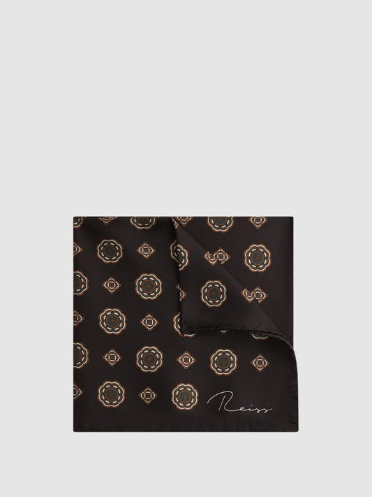 Reiss Ties & Pocket Squares | Villora Silk Medallion Print Pocket Square Chocolate - Men