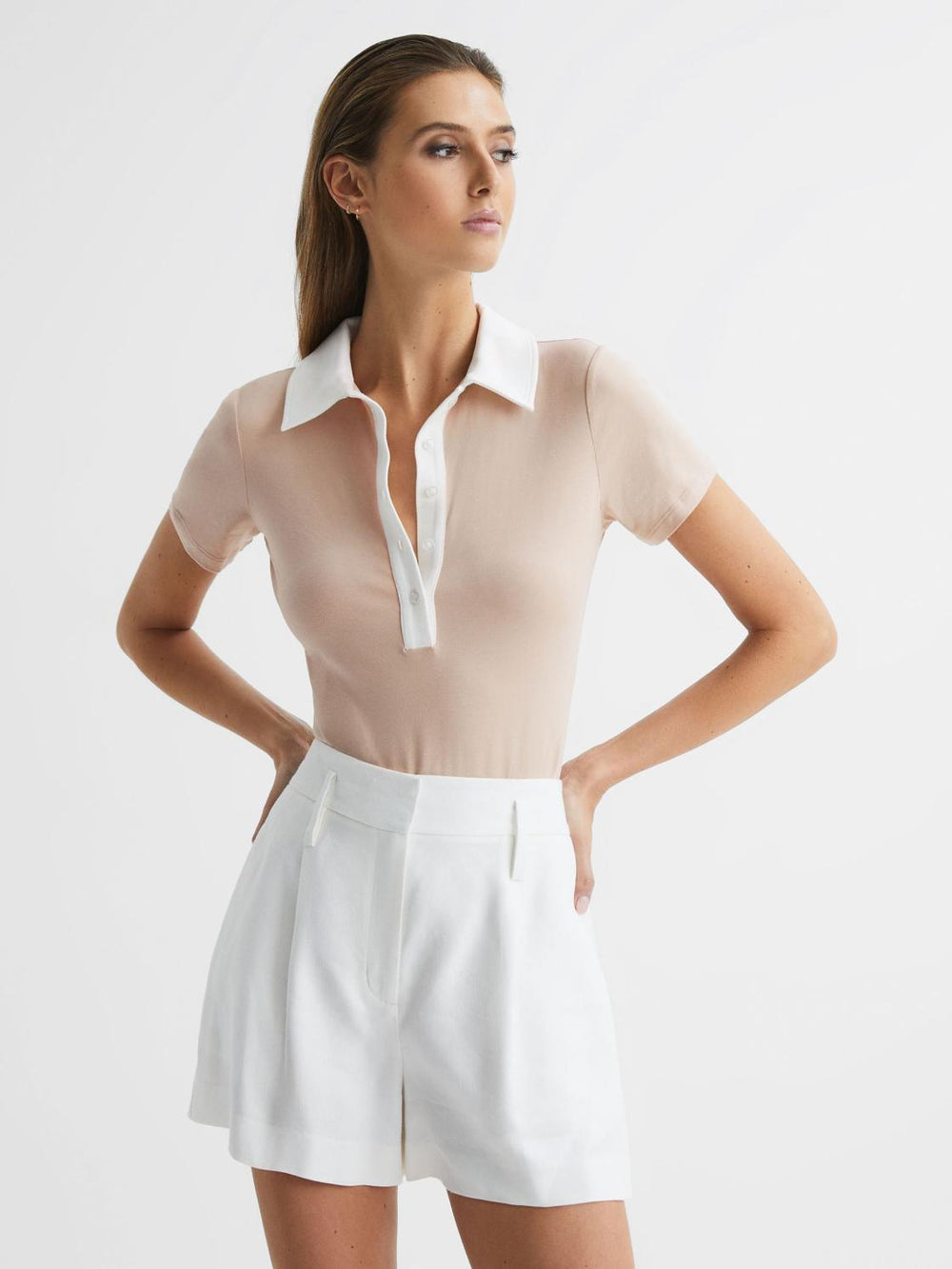 Reiss Tops | Avery Short Sleeve Polo Bodysuit Neutral/ivory - Women
