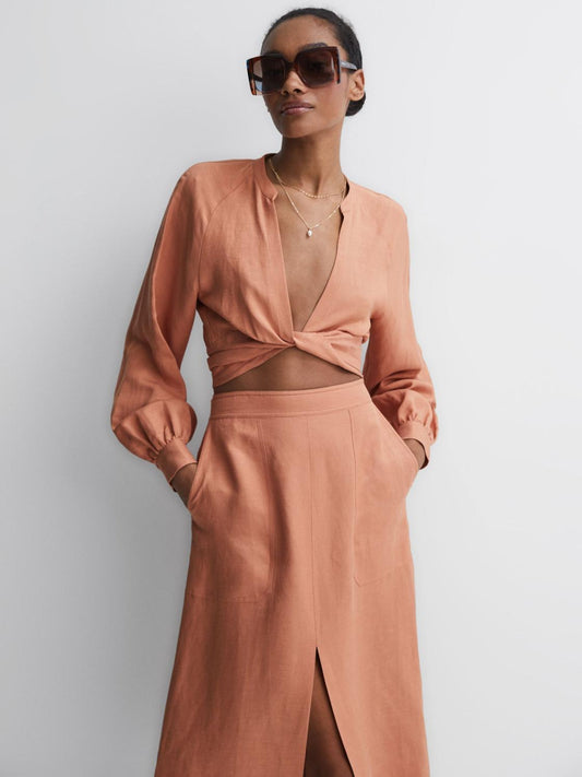 Reiss Tops | Axelle Tie Front Cropped Blouse Rust - Women