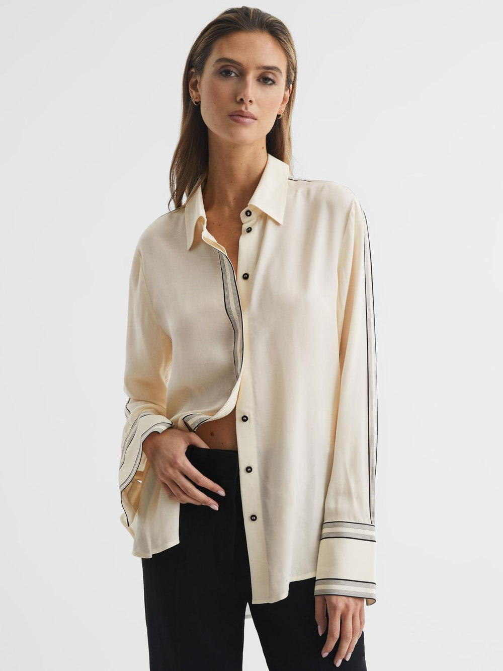 Reiss Tops | Bailey Fitted Side Striped Dip Hem Blouse Ivory - Women