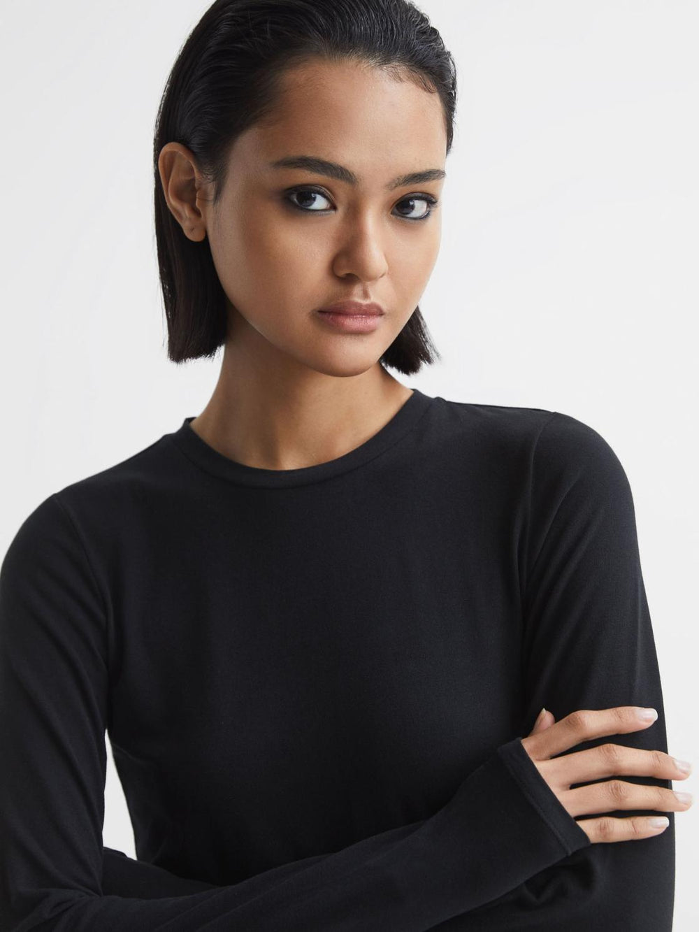 Reiss Tops | Bebe Long Sleeve Crew Neck Top Black - Women