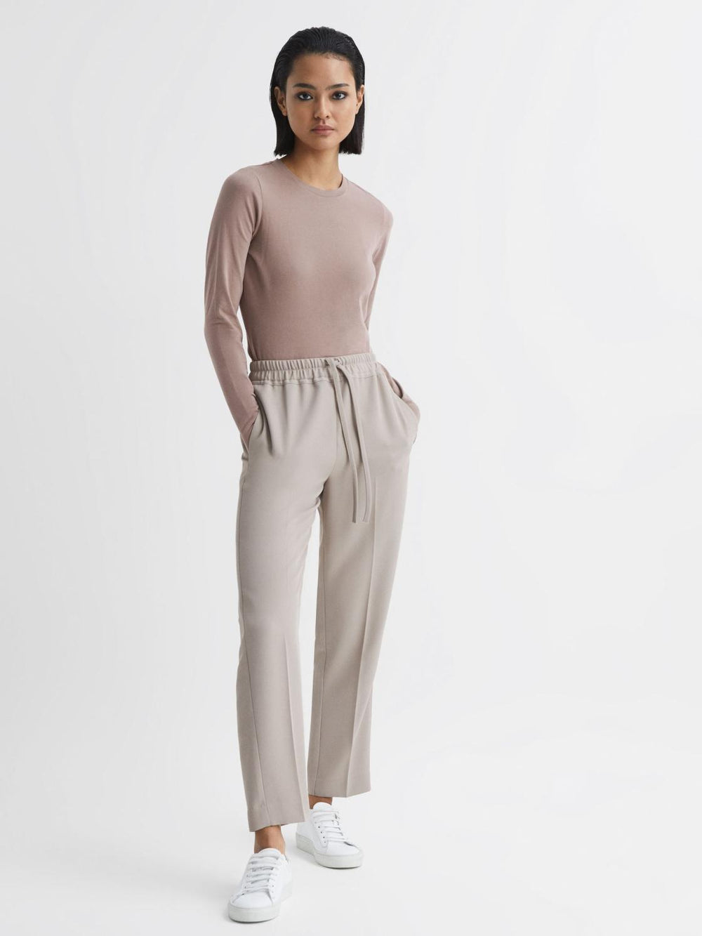 Reiss Tops | Bebe Long Sleeve Crew Neck Top Taupe - Women