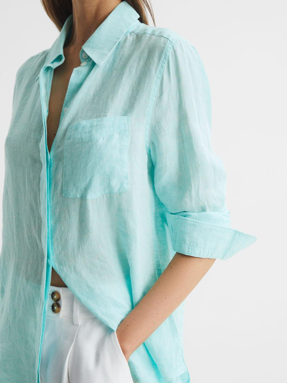 Reiss Tops | Campbell Linen Shirt Aqua - Women