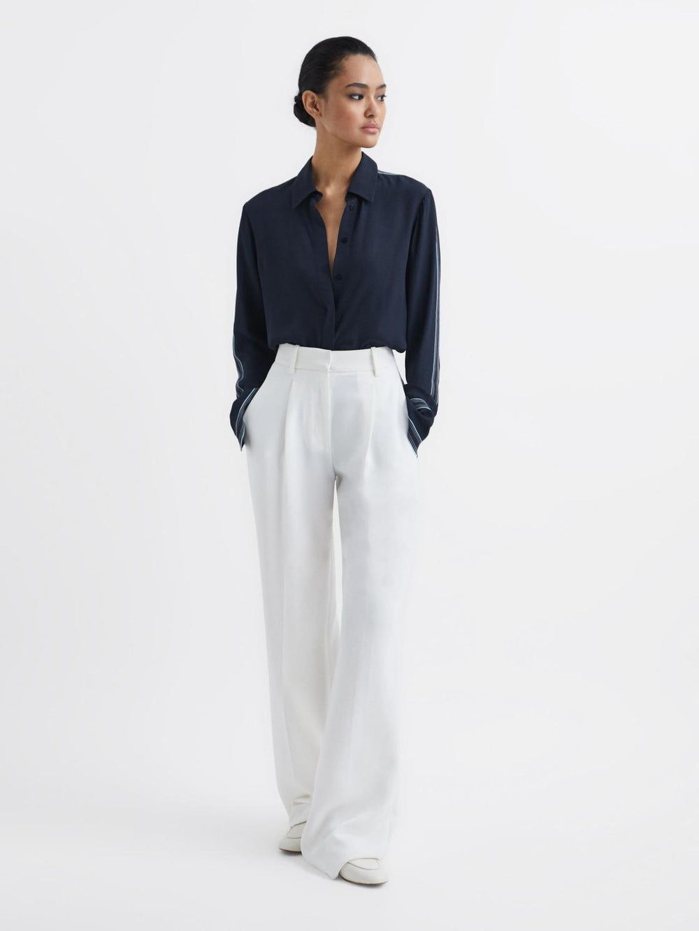 Reiss Tops | Chiara Fitted Side Striped Dip Hem Blouse Navy - Women