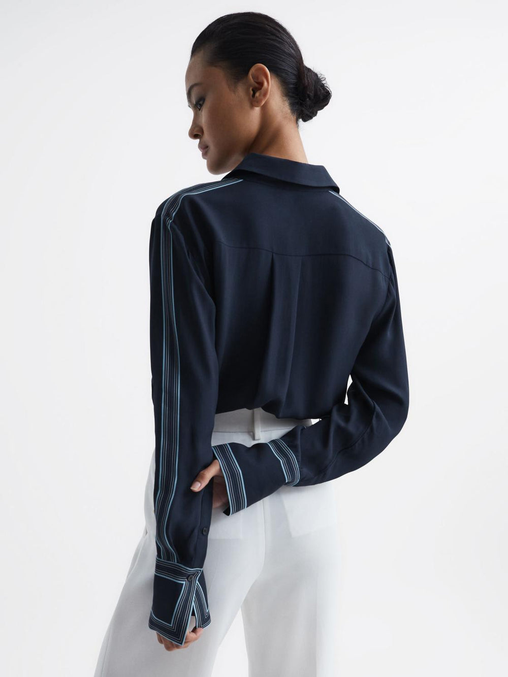 Reiss Tops | Chiara Fitted Side Striped Dip Hem Blouse Navy - Women